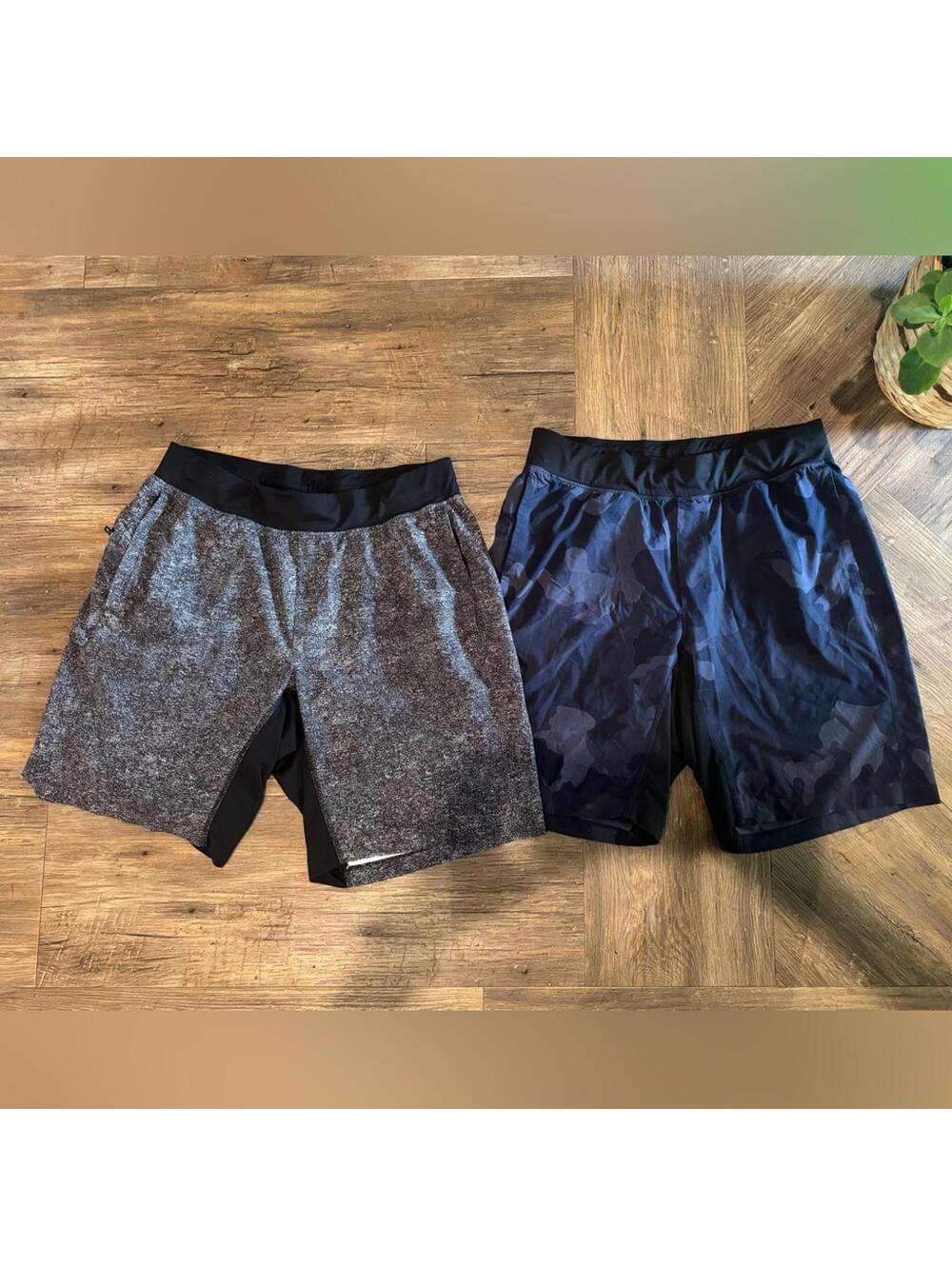 Lululemon Men’s T.H.E. Linerless Shorts Sz Lg Grey Fleck & Camo Navy EUC